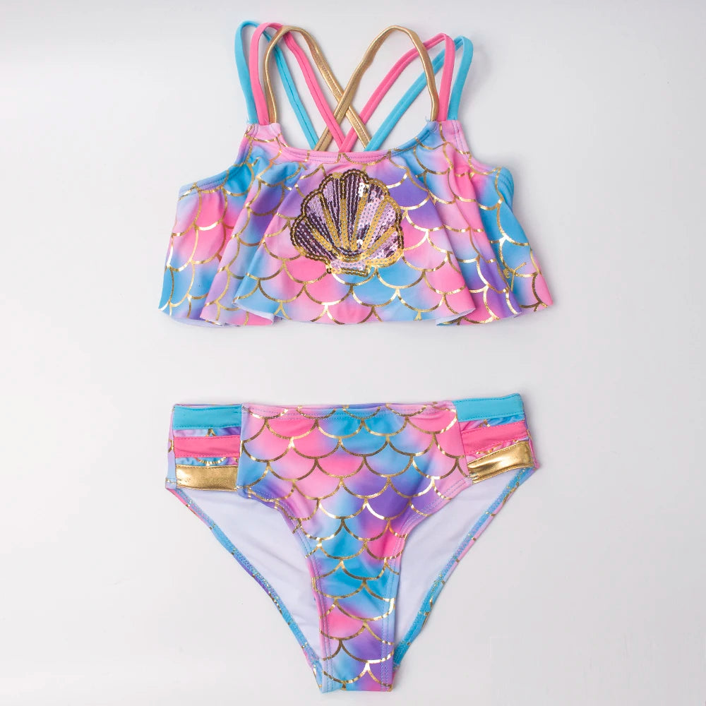 3-8 Years Shell Kids Girls Bikinis Set 2025 Children Falbala Swimwear Swimsuit Rainbow Kid Girl Biquini Infantil Bathing Suit