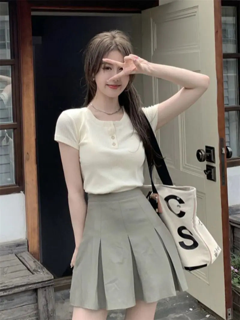 Summer Sweet Salt Wear Petite Imperial Sister Ageing Casual Fashion College Style Top Half-body Skirt Two-piece Suit clothes