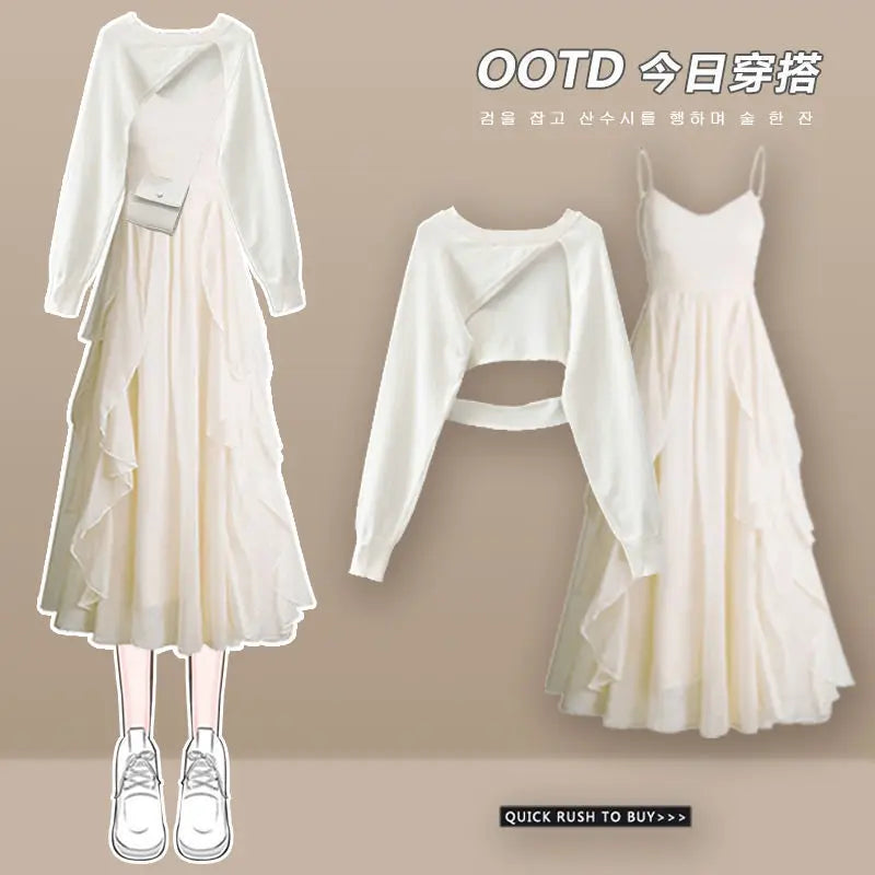 2024 Women's Autumn New Fashion Dress Matching Set Korean Elegant Short Irregular Long Sleeve Top+Strap Skirt Two Piece Suit