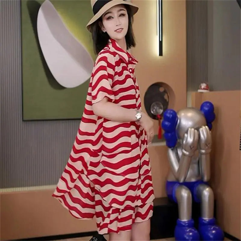 High Street Casual Large Size Loose Suit 2024 Summer Women POLO Collar Zebra Pattern Shirt High Waist All-match Two Piece Set