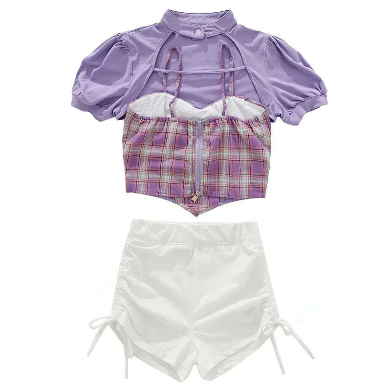 Girls Summer Jazz Dance Costume Plaid Tops Shorts K-pop Clothing Hip Hop Dance Outfit for Children Cheerleading Clothes Kids AB