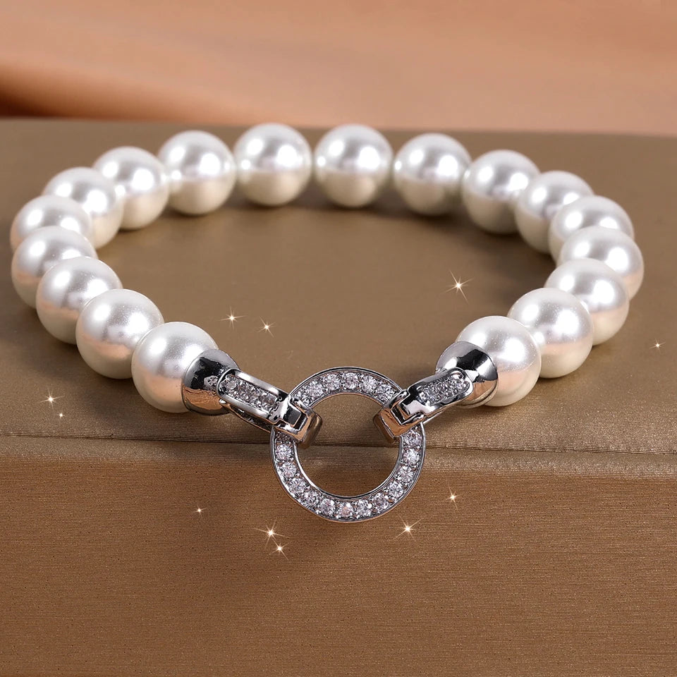 ZAKOL Elegant Zircon Round Buckle Imitation Pearl Beaded Necklace Barcelet For Women's Temperament Jewelry Set Sweet Accessories