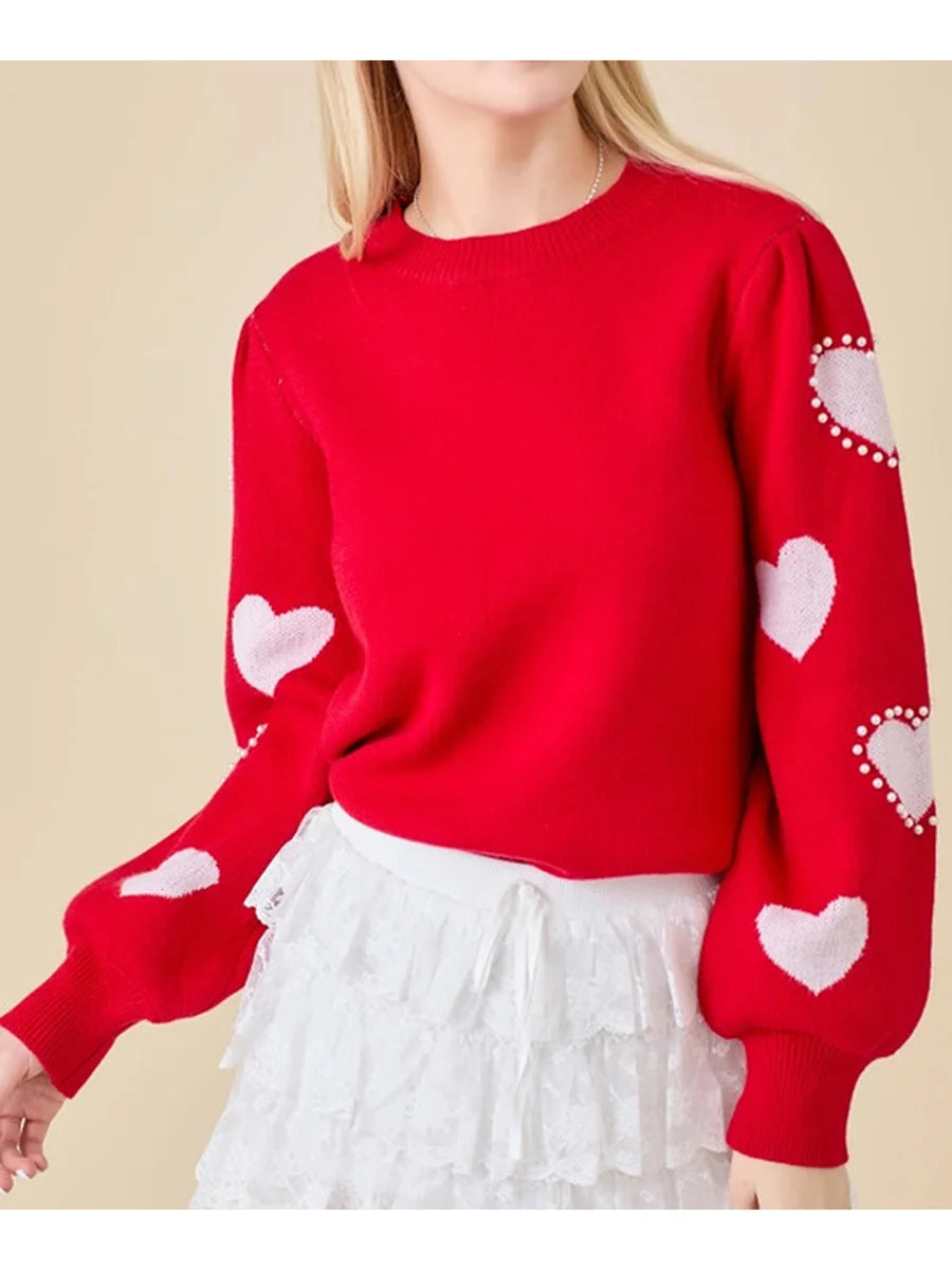 Women s Valentine s Day Knit Sweater Red Long Sleeve Round Neck Heart Print Knitwear