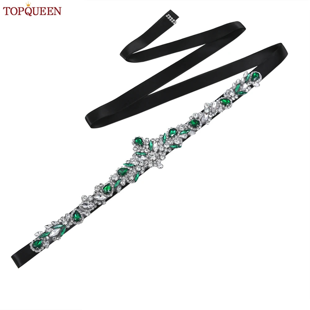 TOPQUEEN S462-KL Rhinestone Bridal Belt Wedding With Green Diamond Wedding Dress Accessories Belt Sash Party Women Dress Belt