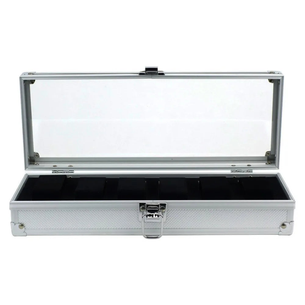 SZanbana 6Slot Watch Box Watch Display Case Aluminum Glass Top Jewelry Storage Organizer Velvet Pillow with Lock For Men & Women
