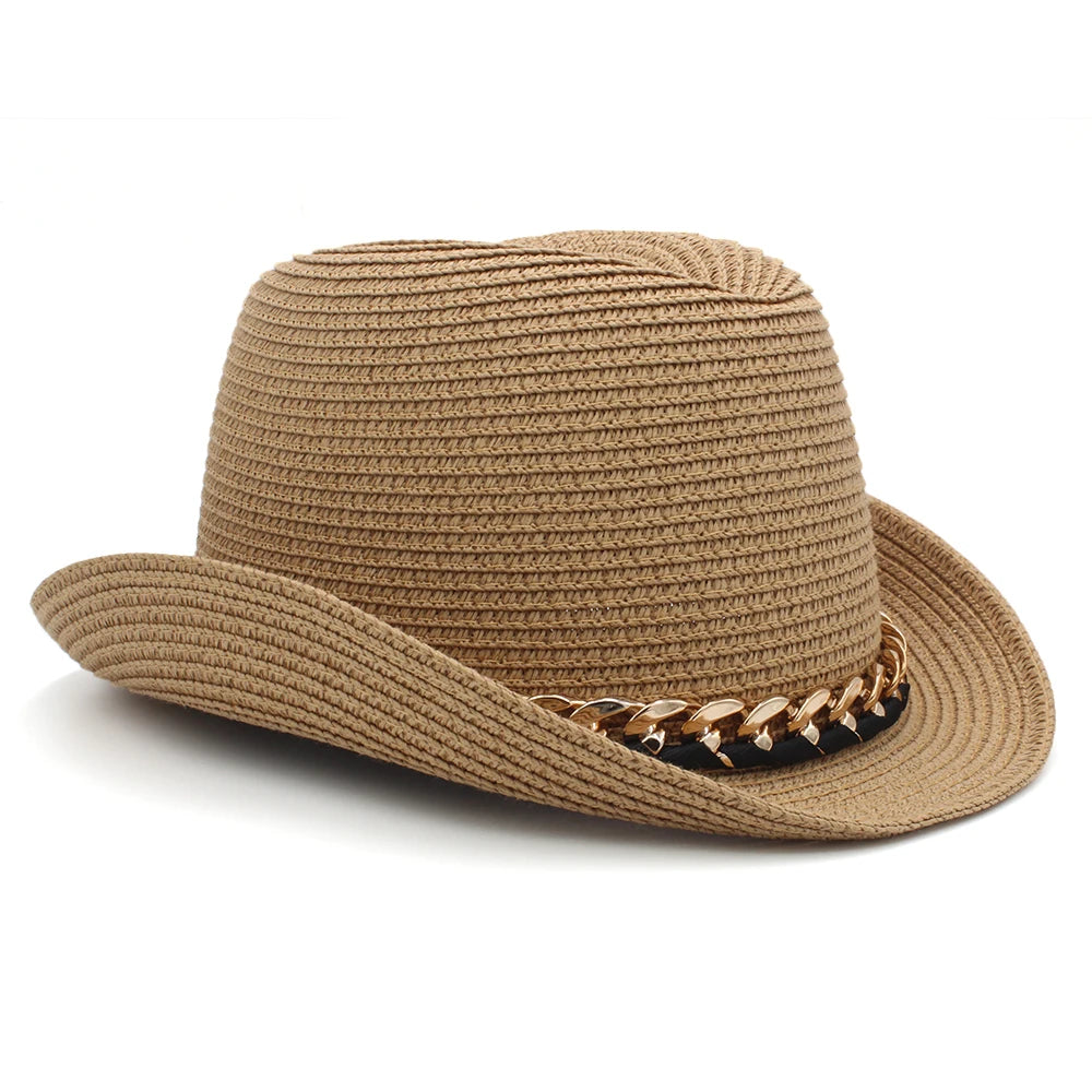Men Women Summer Solid Straw Homburg Hats Classical Retro Fedora Caps Trilby Sunhat Party Beach Travel Outdoor Adjustable Size
