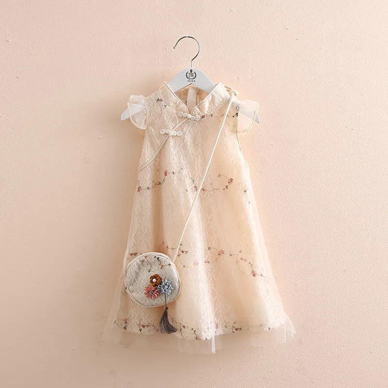 Summer 3 4 5 6 7 8 9 10 11 12 Years Fly Sleeve Lace Cheongsam Dresses With Bag For Kids Girls