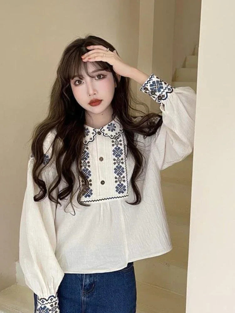 Korobov Vintage Autumn Shirts Embroidery Lapel Long-sleeved Blouses Female Camisas Puffed Sleeve Doll Collar Top Korean Fashion