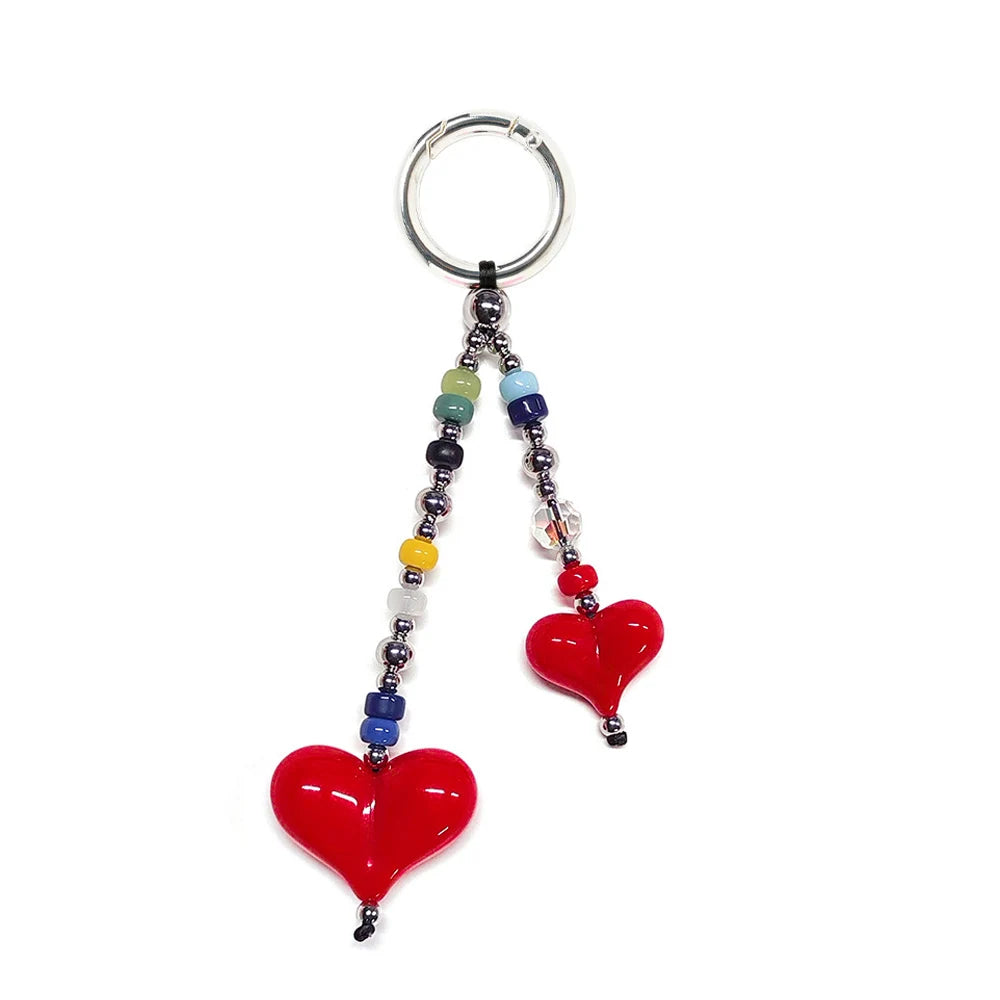 New Fashion Red Love Y2k Keychain Korean Charm Bag Pendant Handmade Beaded Bownot Keyring Vintage Red Metal Hanging Accessories