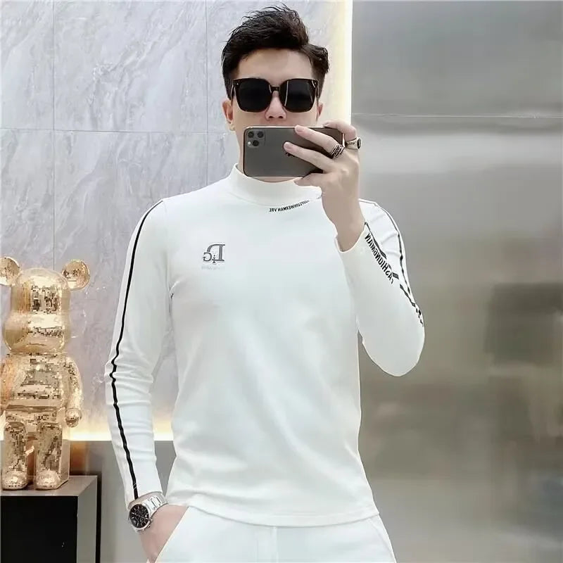 Luxury Embroidery Half High Collar Bottoming Shirt for Men Slim Fit Casual Long Sleeved T-shirts Social Sweatshirt Pullover