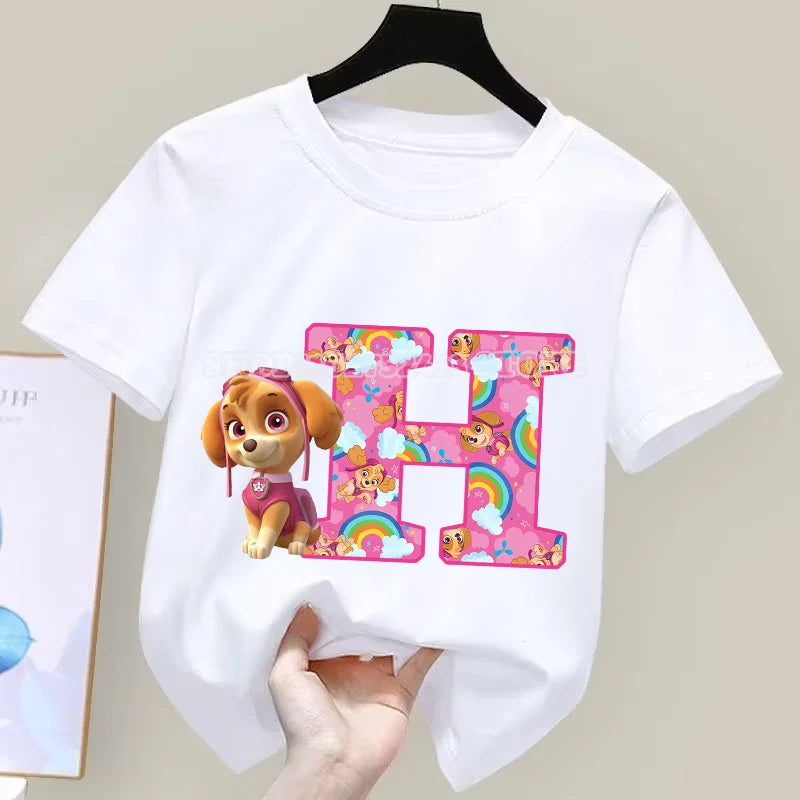 تي شيرت Paw Patrol صيفي للأولاد والبنات قمصان ماصة لطيفة برسومات كرتونية تشيس سكاي بيضاء ملابس بسيطة أساسية متعددة الاستخدامات هدية 