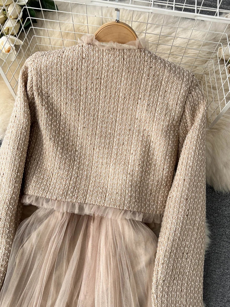 Damen Khaki Zweiteiler Vintage Luxus Kleid mit Langarm Jacke Mäntel Vintage Y2k Kleid Sets Outfits 2000er Kleidung 2024 