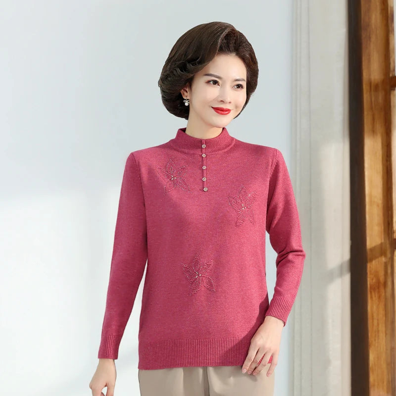 Middle-aged Women's Autumn Sweaters Pullovers V-neck JUmper Hot diamond Knitting Sweater Mother Dress Tops