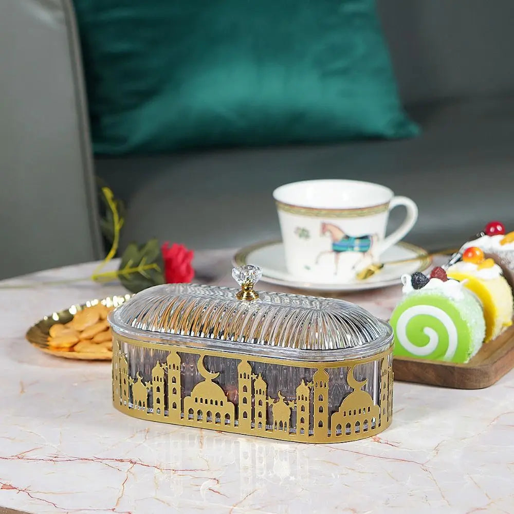 Dust-proof Dining Table Tray Eid Mubarak Decorative Ramadan Dessert Storage Box Portable Embossed Shape Candy Dish with Lid