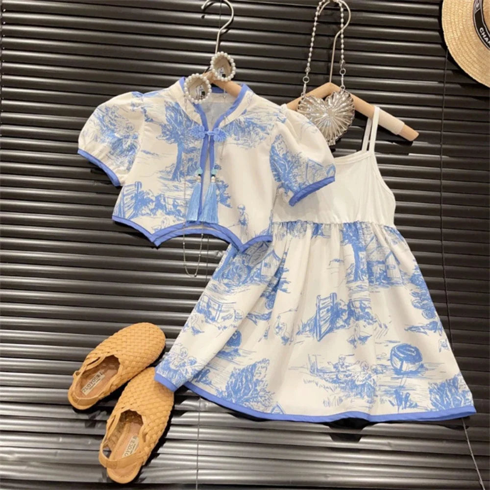 3-7 Years Summer Girls Clothes Set Blue Printed Jacket + Small Suspender Dresses Two-piece Set