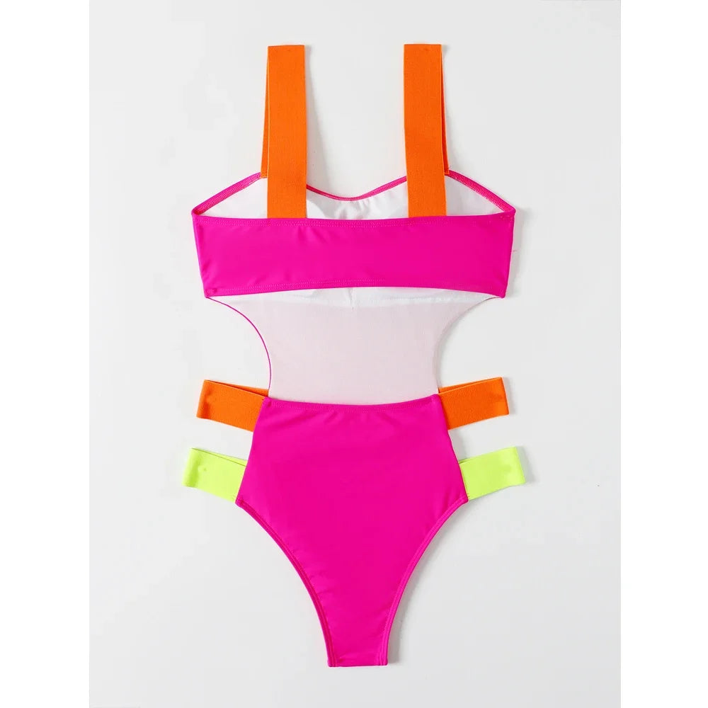 Color Block One-piece Swimsuit 2023 Women Neon Bandage Bikini High Waist Hollow Out Swimwear Rose Red Slim Backless Monokini