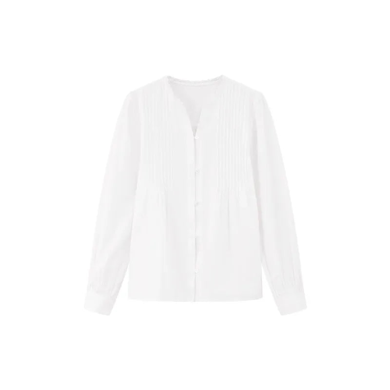 White Lantern Sleeve Blouse Women Spring Fall French V-Neck Long Sleeve Elegant Petite Office Shirt Stylish Casual Chic Top clothes