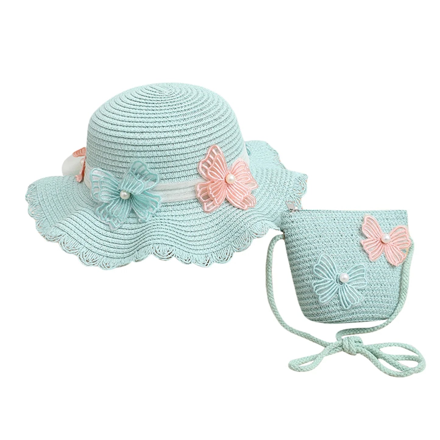 2pcs Set Girls Summer Straw Sun Hat Kids Summer Protection Wide Brim Reversible Bow Hats with Crossbody Bag Outdoor Acceessories