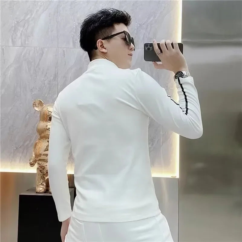 Luxury Embroidery Half High Collar Bottoming Shirt for Men Slim Fit Casual Long Sleeved T-shirts Social Sweatshirt Pullover