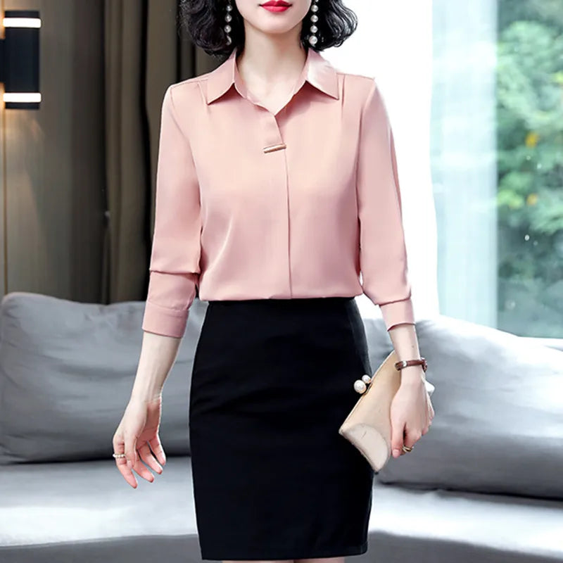 Women's Silk Shirts 2023 Spring Fashion Solid Loose Fashion Ladies Tops Button Long-sleeve Blouse Turn-down Collar Women Shirt