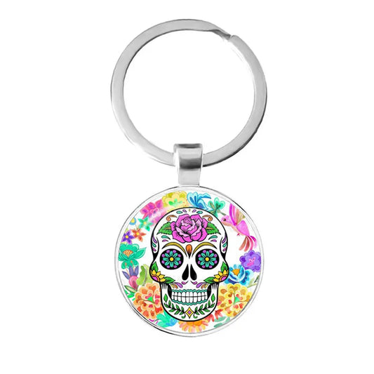 Fashion Colorful Sugar Skull Keychain Mexico Folk Art Patterns Glass Pendant Key Chain Jewelry Holiday Gift