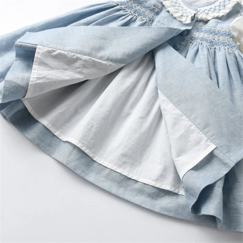 2024 Kids Spanish Dress Girls Hand Made Smocking Blue Dress with Ruffle Collar Sleeeve Baby Smocked Embrodiery Dresses