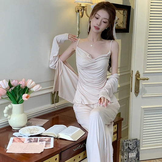 French Pajamas Women's 2024 Spring Autumn Sling Vest Sleepwear with Chest Pad Three-piece Set Loungewear Nightdress