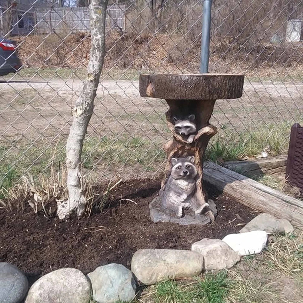 Garden Raccoon Birdbath Polyresin Antique Resin Bird Bath Home Garden Yard Garden Decoration Retro Outdoor Yard Decor Fountains