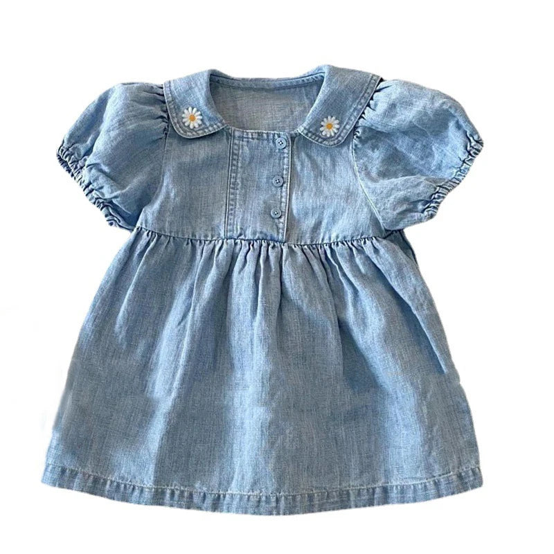 New Summer Girls' Baby Dress Campus Style Flower Embroidery Lapel Bubble Short Sleeve Denim Dress Student Clothes Children Dress
