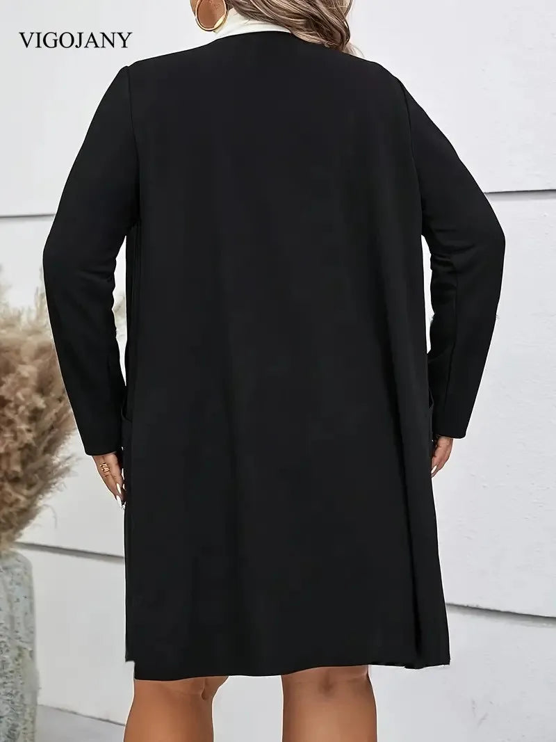 VigoJany 2025 Winter Black Plus Size Coat Women Casual O-Neck Large Long Sleeve Outwear Ladies Chubby Open Stitch Curvy Clothes
