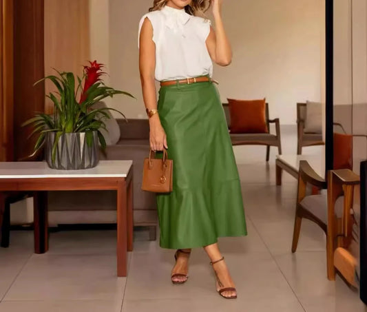2024 Summer Two Piece Set Woman Fashion Versatile Sleeveless Elegant Shirt High Waist Half Body Leather Skirt Suits for Female