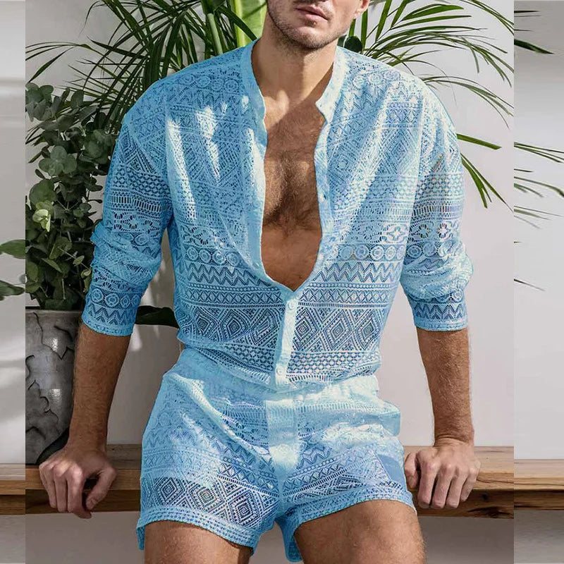 Men's Beach Wear Mesh Sets Spring Summer Sports Polo Shirts & Pants Tracksuits Breathable Casual Jogging Suits Holiday Clothes mon