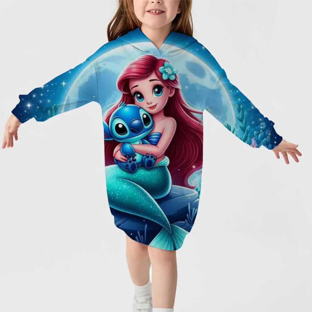 2024 neuer Disney-Stichmuster-Kapuzenrock für Herbst und Winter für Mädchen, süßes, bequemes Langarm-Kapuzenpulloverkleid 