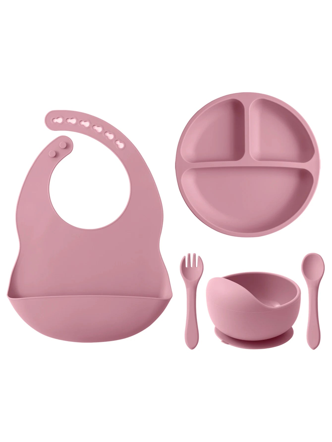 5PCS Baby Silicone Tableware Set Color Contrast Bib Suction Bowl Non-slip Plate Soft Spoon Fork Feeding Training Baby Dinner Set