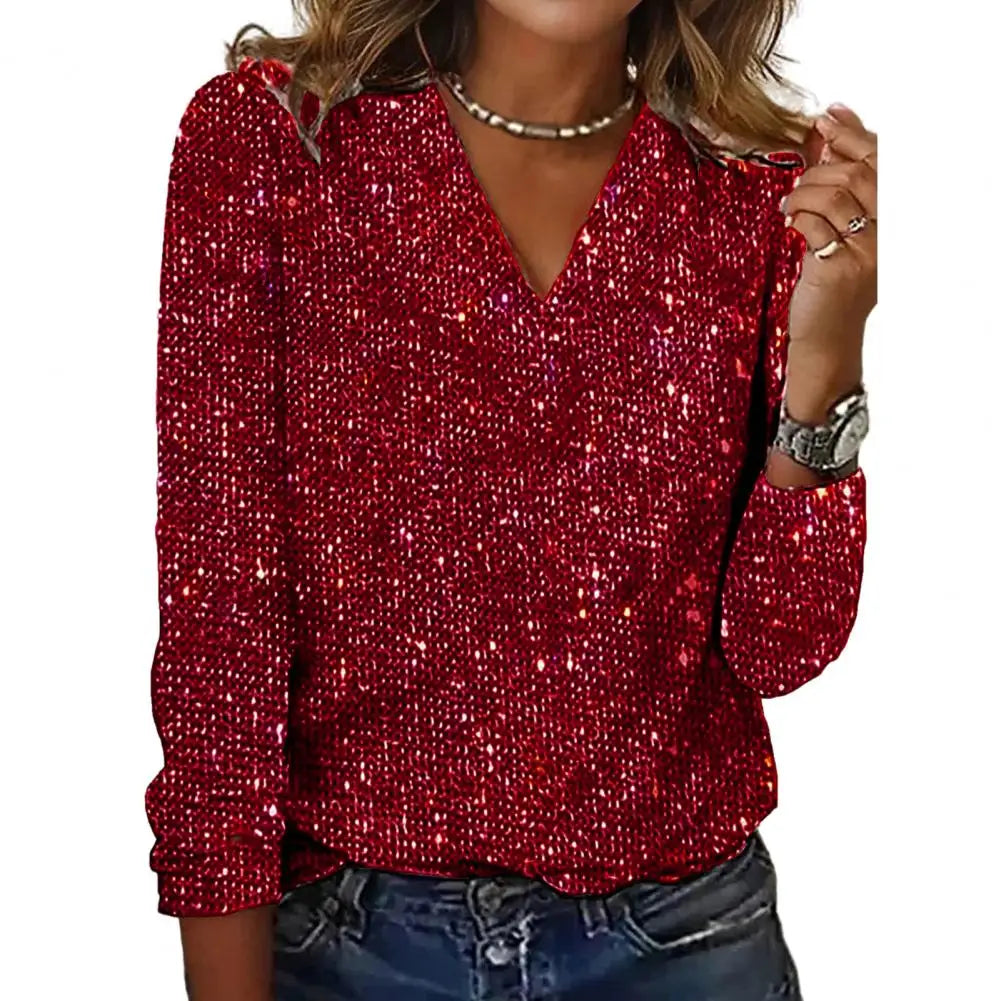 Elegant Women Blouse Sequin V Neck Long Sleeve Blouse Soft Pullover for Women Breathable Commute Club Party Shirt Comfortable
