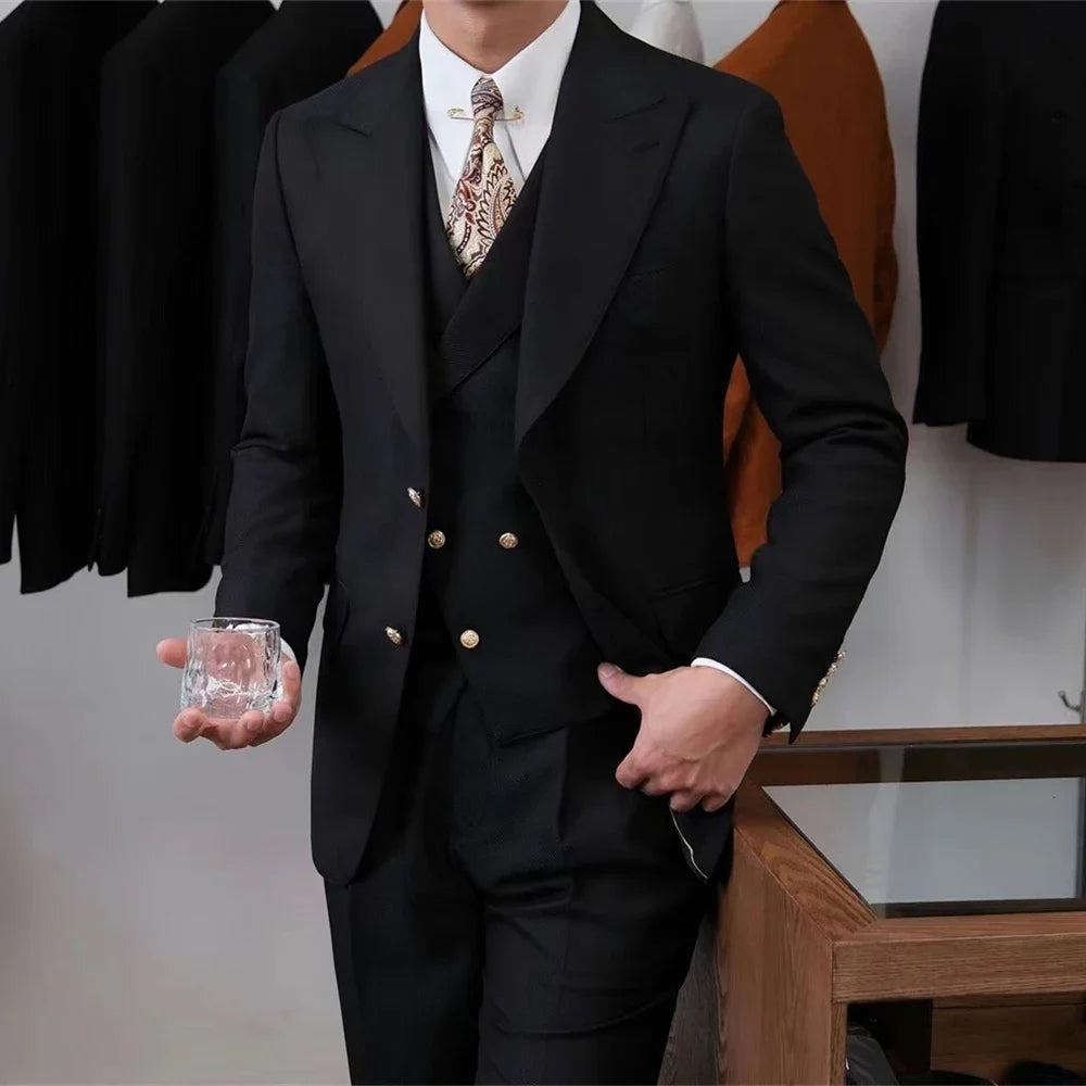 Black Men Suit Formal Business Blazer Wedding Groom Tuxedo Daily Slim Fit 3 Piece Jacket Vest Pants Terno Masculino