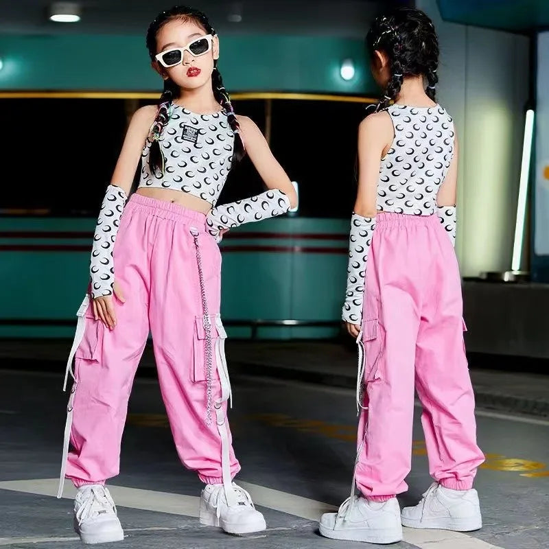 Pink Hip-Hop Street Dance Clothe Rave Clothing Summer Girl Sets K-pop Outfit Crop Tops Cargo Pants Performance Costume 120-170CM