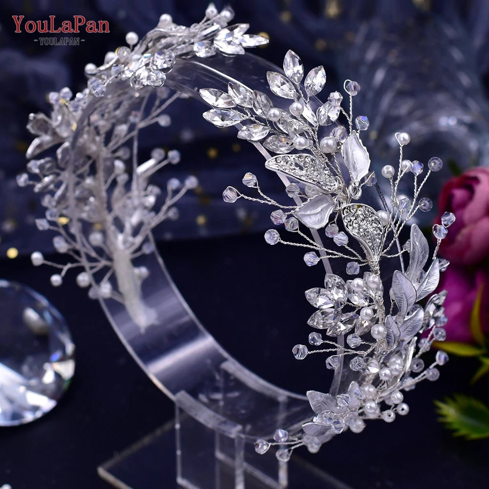 YouLaPan Crystal Bridal Headpiece Alloy Leaf Headband for Brides Wedding Hair Accessories Princess Tiara Pageant Headdress HP272