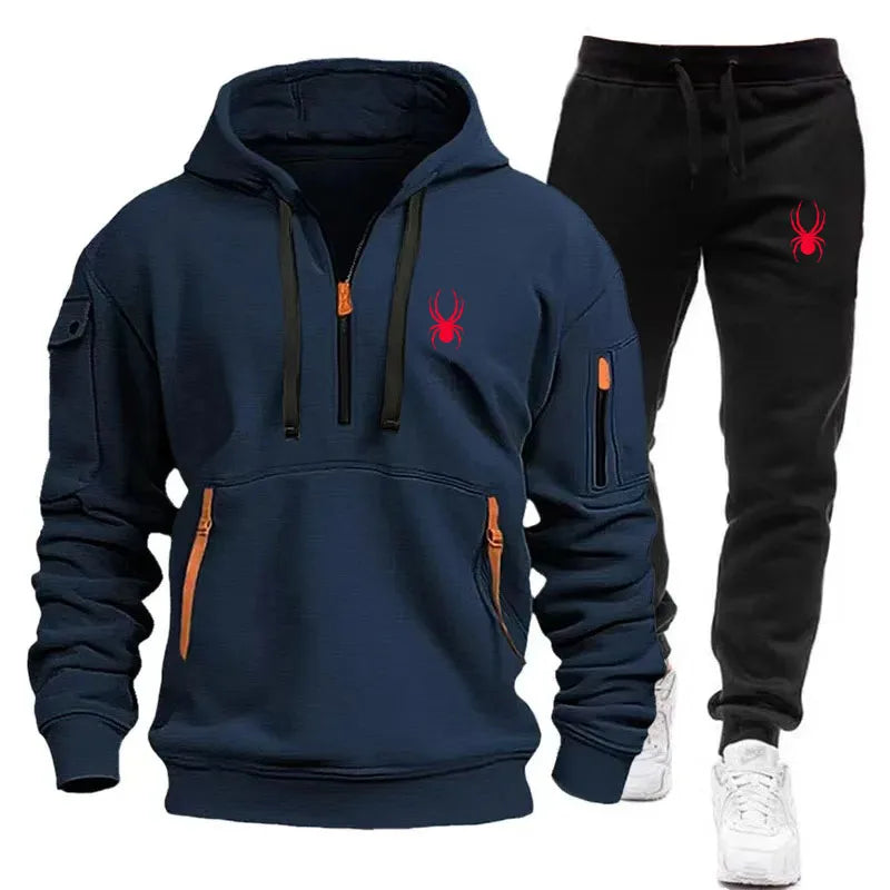 New men's sports suit hooded sweatshirt long pants arm pocket zipper fashionable casual outdoor jogging sportswear men's suit mon