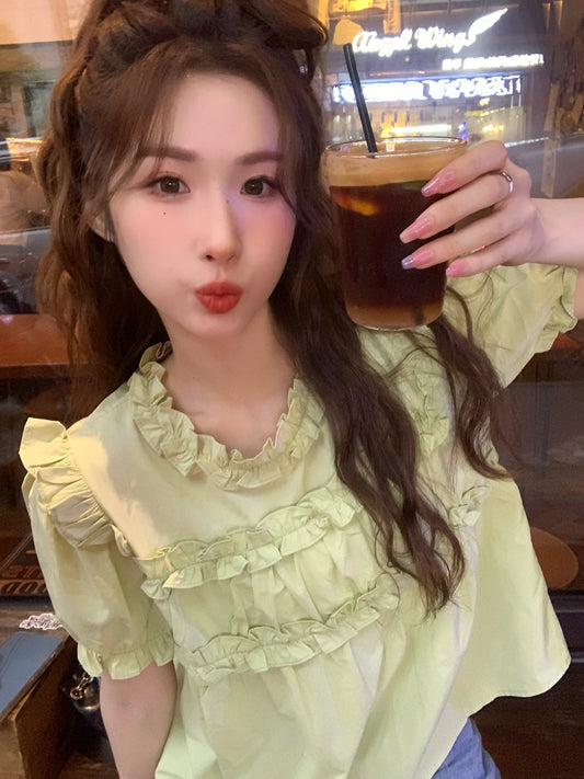 Summer petite wooden ear edge patchwork short sleeved French top with loose design, niche shirt