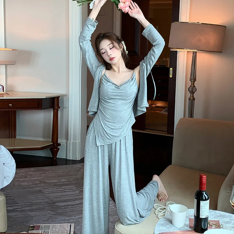 French Pajamas Women's 2024 Spring Autumn Sling Vest Sleepwear with Chest Pad Three-piece Set Loungewear Nightdress