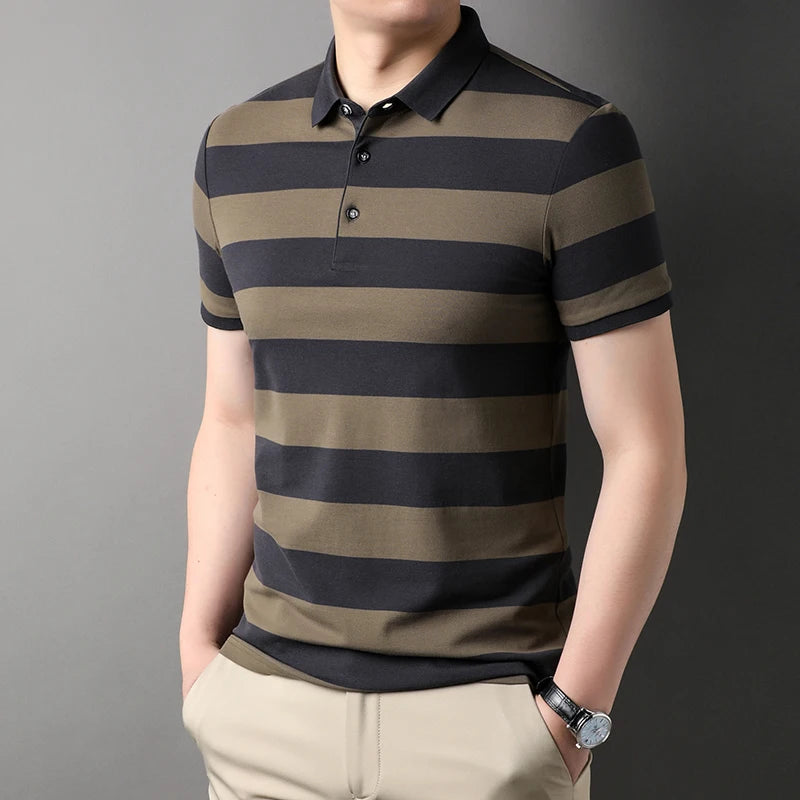 Men's Polo Shirts Korea Man Golf Shirts Summer Striped Print Button Clothing Business Style Male Streetwear Short Sleeve T-Shirt