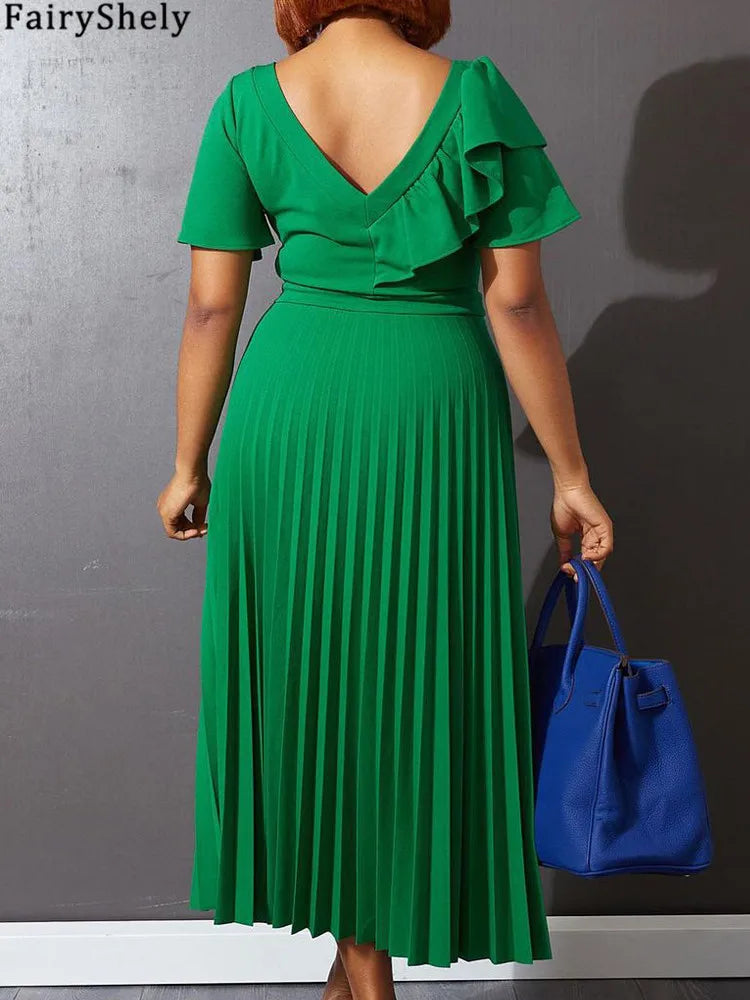 FairyShely 2025 Ruffle Short Sleeve Plus Size Long Dress Women Solid Large Big Folds Dresses Lady Summer Party Tight Curvy Dress
