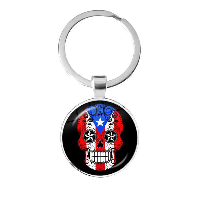 Fashion Colorful Sugar Skull Keychain Mexico Folk Art Patterns Glass Pendant Key Chain Jewelry Holiday Gift