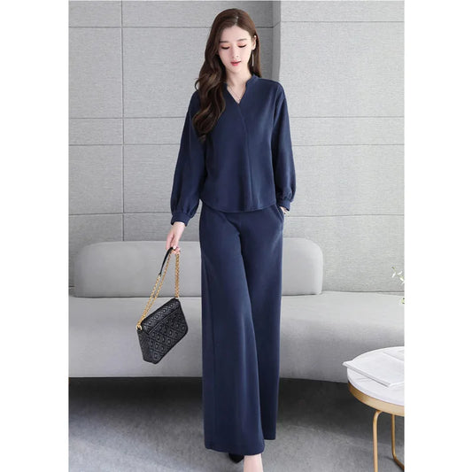 Women's Suits 2021 Spring Autumn New Fashion Korean Style Loose Tops Wide Leg Pant Two Piece Set Women Plus Size Clothing Ladies