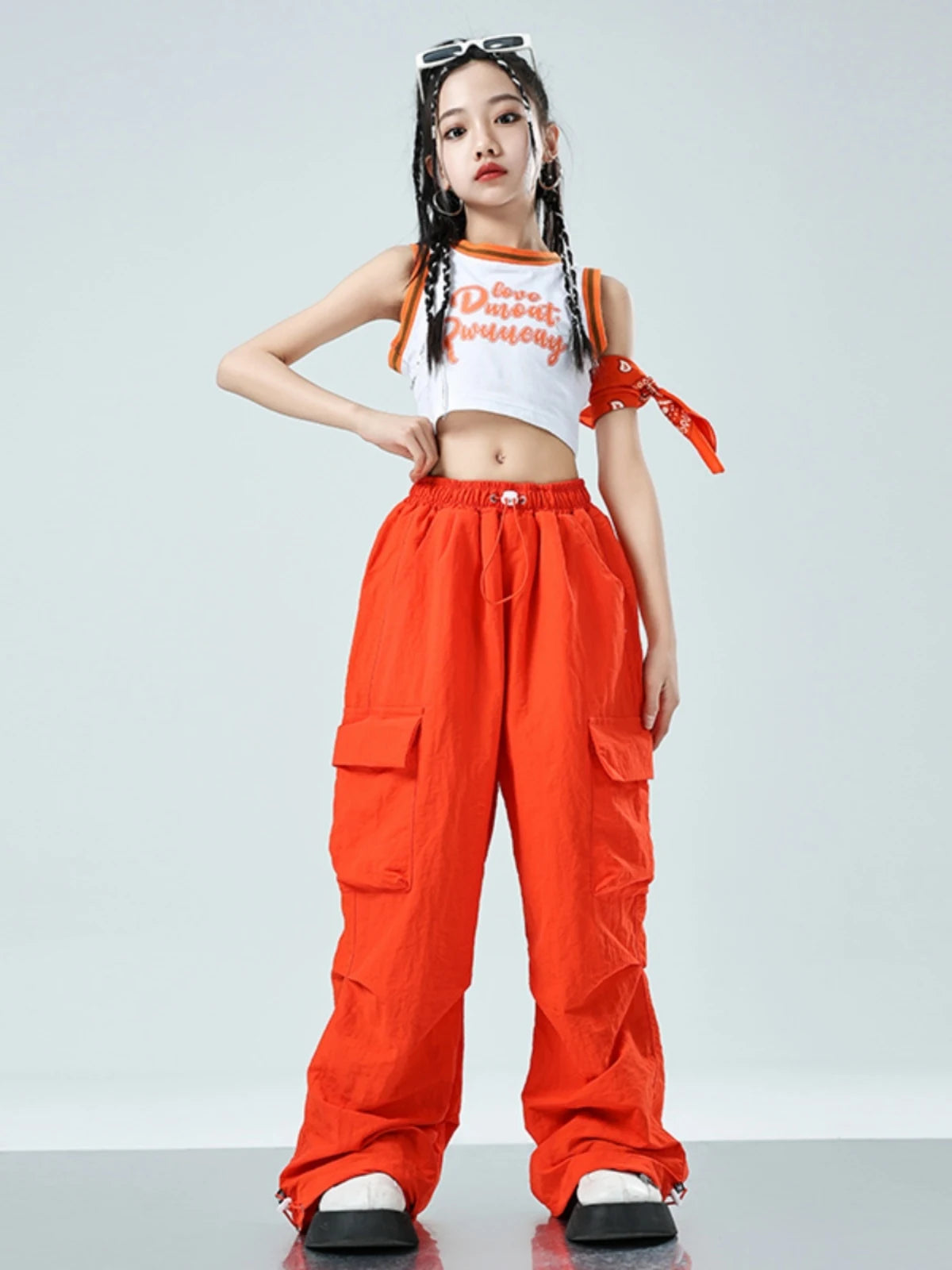 Children Jazz Dance Clothes Girls Summer Navel Vest Orange Pants Hip Hop Outfits Modern Kpop Performance Clothing Rave BL12850