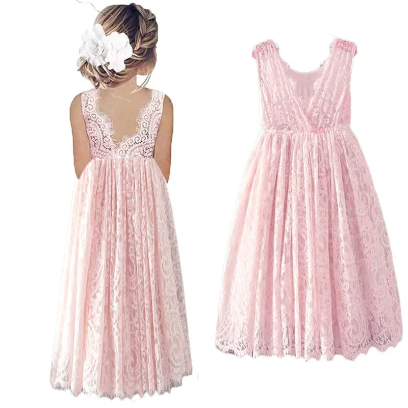 Big Size Princess Girls Cotton Lace Long Dress For 2-14 Years