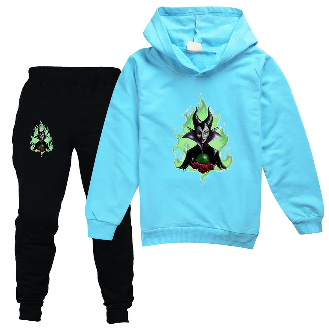Maleficent Kids Sportswear Suits Girls Boys Casual Thin Hoodie Black Pants Teen Chilren Outerwear Clothing Sets