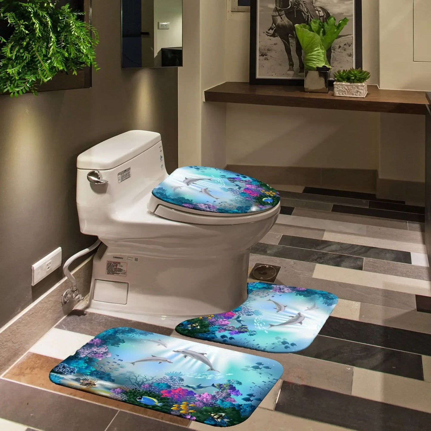 3D Ocean Design Dolphin Waterproof Fabric Bathroom Curtain Blue Shower Curtains Set Anti-skid Rugs Toilet Lid Cover Bath Mat