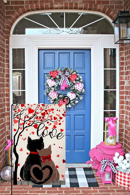 BLKWHT Valentines Cats Garden Flag 12x18 Vertical Double Sided Red Love Tree Spring Farmhouse Holiday Outside Decorations Burlap